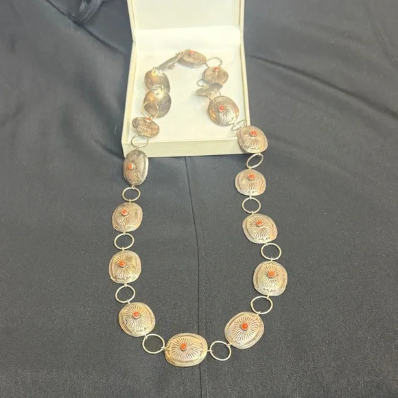 Vintage Sterling Silver Coral Stone Concho Belt . - Picture 4 of 13
